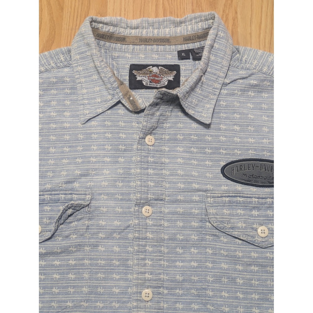 Harley Davidson Mens Short Sleeve Button Up Biker Shirt Blue Striped XL